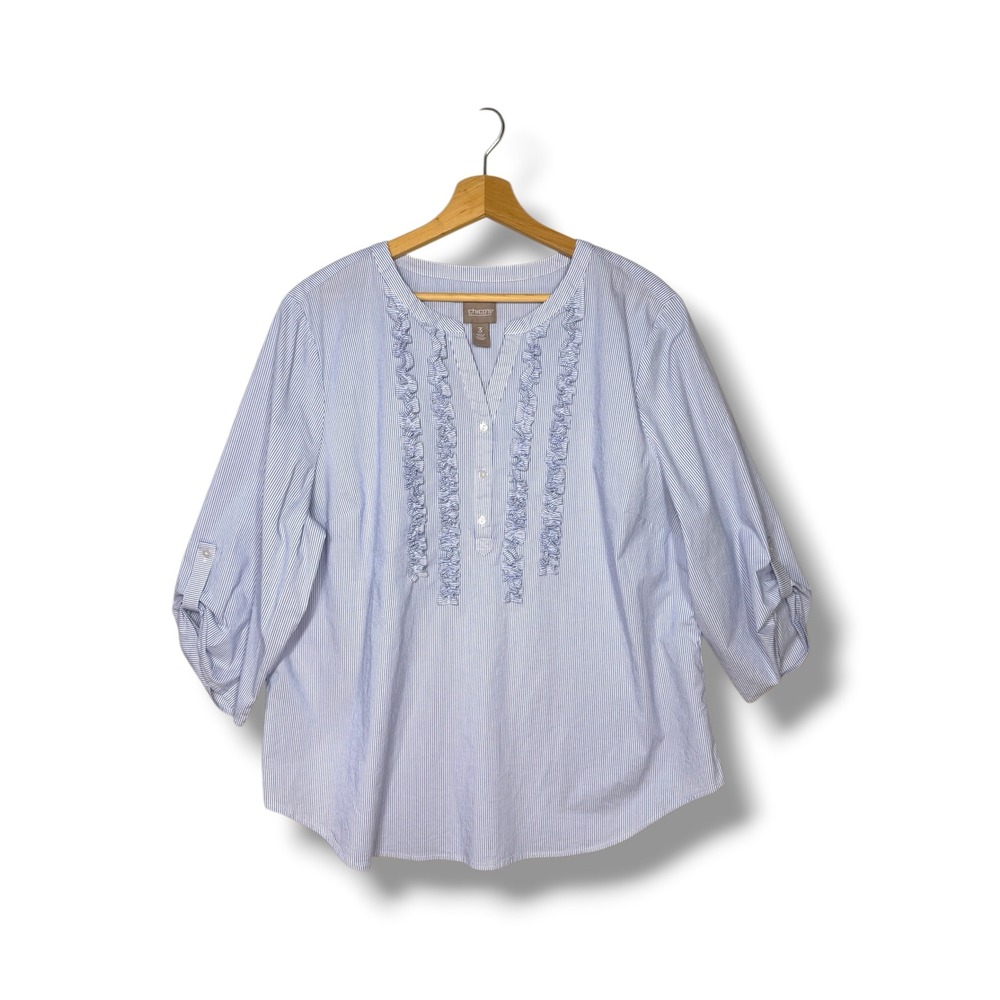 Chico's Blue White Striped‎ Ruffle Front Roll Tab Sleeve Blouse Top Size 3 XL/16